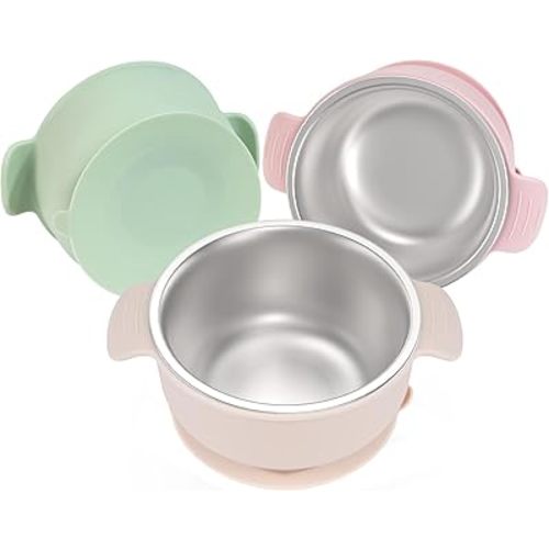 Bella’s Friends Stainless Steel and Silicone Baby Bowls with Suction 3 Pack, 4.3” for Toddlers Kids Feeding, Non-Slip, Non-Toxic, Mess-Free, Dishwasher Safe, Fit High Chair Size,beige green light pink