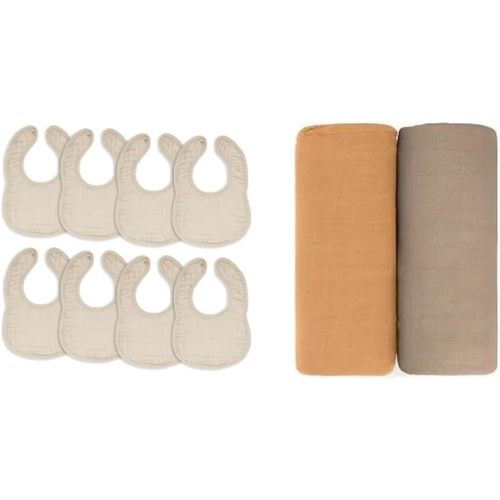 Comfy Cubs Muslin Baby Bibs and 2 Pack Muslin Swaddle Blankets Bundled