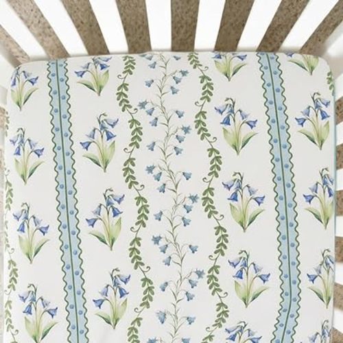 Brandream Organic Crib Sheets for Girls Boys Fitted Crib Mattress Sheet Neutral, Soft Breathable Cotton Cover for Baby Bed Toddler Mattress, Blue Grandmillennial Botanical Floral Stripes and Vines