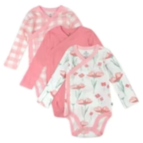 3-Pack Organic Cotton Long Sleeve Side-Snap Bodysuits | Strawberry Pink Floral (0-3M)