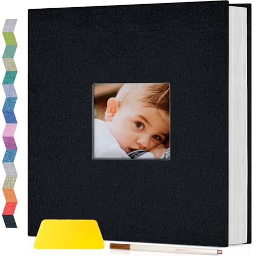 Popotop Photo Album Self Adhesive with Picture Display Window,40 Pages DIY Scrapbook Album for 4x6 10x12 Picture,Linen Cover Memory Book for Baby Wedding, with Scraper and Metallic Pen
