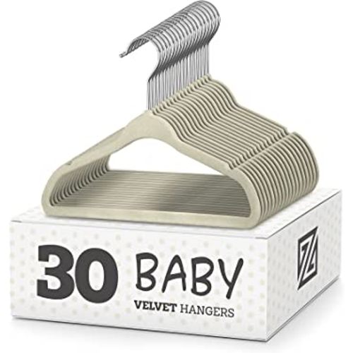ZOBER Premium Kids Velvet Hangers (11” Inch - 30 Pack) Non Slip Baby Hangers, Ultra Slim Space Saving Childrens Hangers - 360° Swivel Hook, Strong & Durable Infant/Toddler Hangers (Small - Ivory)