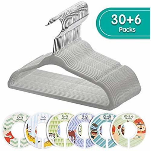 Minnebaby 30 Pack Neutral Grey Baby Clothes Velvet Hangers-Ultra Thin No Slip Nursery Hangers with 6 Pcs Baby Clothing Dividers