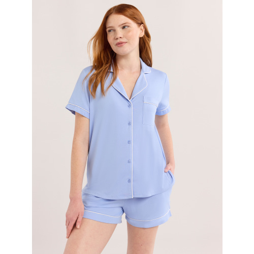 Joyspun Women’s Short Sleeve Knit Notch Collar Top and Shorts Pajama Set, 2-Piece, Sizes XS-3X