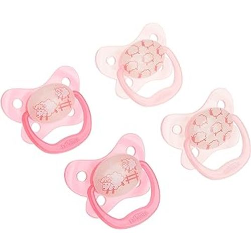 Dr. Brown's PreVent Orthodontic Baby Pacifier, Suction Free Air Channel, Contoured Butterfly Shield is Gentle on Face, Made in USA, Stage 1, 0-6m, 4-Pack, Glow in the Dark - Pink
