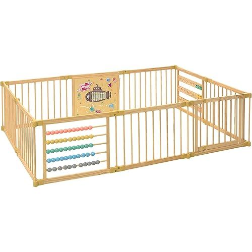 Wooden Playpen Extra Large for Toddlers and Babies - Under The Sea Theme Toy Desighn - (8/10) Wood Panels - Foldable and Adjustable Baby playpen - Extra Large Baby playpen (10-Panels)