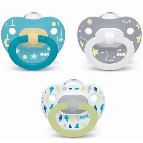 NUK Orthodontic Pacifier Value Pack, Boy&Girl,0-6 Months, 3-Pack (Star) (Glows in The Dark)