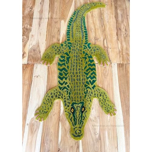 Crocodile Wool Area Rug - Handmade 100% Wool with Lifelike Crocodile Inspired Animal Print Design - Premium and Durable Doormat for Home Décor (Grass, 3' x 5')