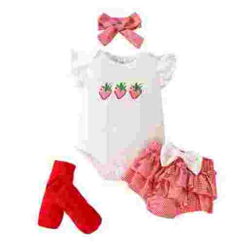 WOYY Infant Girls' Outfits Strawberry Print Short Sleeve Romper Skort Socks Headband 4Pcs Set, Size 0-18M