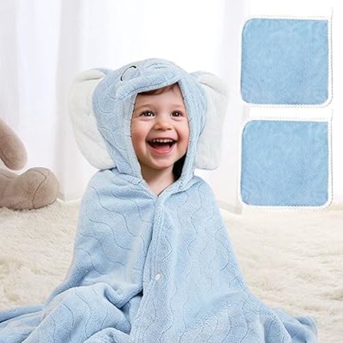 UNEEDE Elephant Hooded Baby Towel 31.5x47.2 Inches - Super Absorbent 100% Polyester for Bath & Swim | Quick Dry Toddler Towel with Storage Bag, for Boys Girls 1-3 Years, Blue