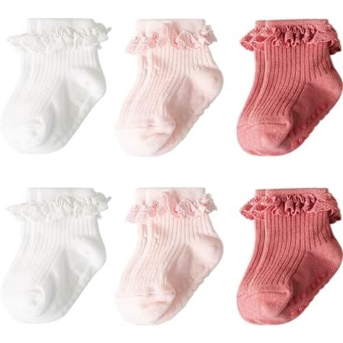 Baby Girl Toddlers Socks with Non-slip Grip Cute Frilly Ruffle Ankle Soft Cotton Newborn Baby Socks for Infant Kids