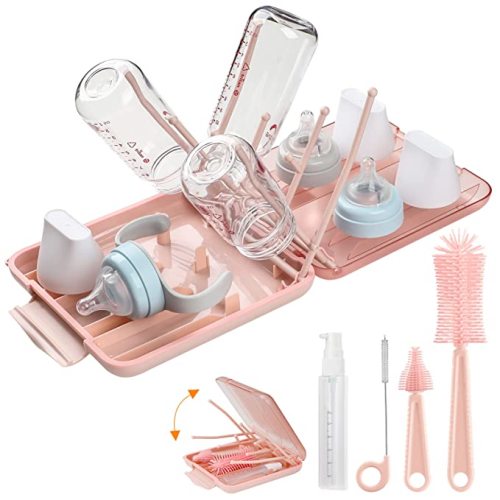 6 in 1 Bottle Cleaning Brush Set with Silicone Bottle Brush, Nipple Brush, Straw Brush, Soap Dispenser, Drying Rack for Baby Bottle and Water Bottle, Space Saving Baby Essentials for Home and Travel - Pink