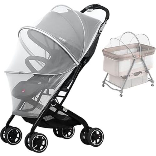 Encrypted Mosquito Net for Stroller - Full Cover with Double Zipper, Breathable & Foldable Netting (White)