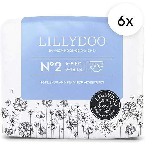 LILLYDOO Baby Diapers - Size 2 (9-18 lbs), Monthly Supply (204 Count), Leak Protection, Skin-Friendly, Ultrasoft, Perfume- & Chlorine-Free, Hypoallergenic, Dermatologist Tested, Oeko-TEX®