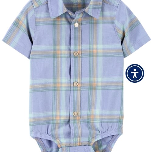 Baby Plaid Button-Front Bodysuit
- Style,Blue
