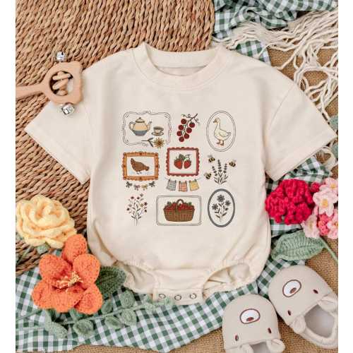 Handmade Cottagecore Baby Romper, Strawberry Chicken Goose Floral Bodysuit