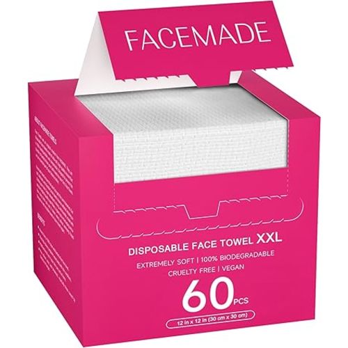 60 Ct Disposable Face Towels XXL, Face Towelettes for Makeup and Clean, Super Soft and Thick Dry Wipes, USDA Certified 100% Biobased, Rose