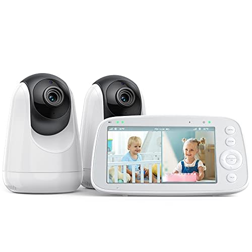 HiPP No WiFi Video Baby Monitor, 5" 720P HD Split-Screen Baby Monitor with 2 Camera and Audio, Infrared Night Vision, 2X Zoom, 900ft Long Range, 4500mAh Battery, 2 Way Audio Talk, White