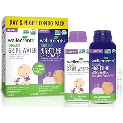 Wellements Organic Gripe Water for Babies Day & Night Combo Pack (4 Fl Oz) - Infant Gripe Water Newborn Calms Occasional Stomach Discomfort from Baby Gas, Colic, Hiccups & Fussiness - USDA Certified