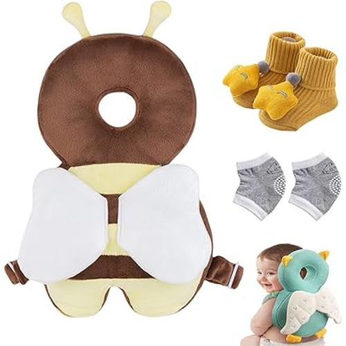 Baby Head Protection Backpack for Crawling and Walking Adjustable with Baby Knee Pads (Brown Bees)