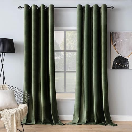 MIULEE Velvet Curtains Olive Green Elegant Grommet Curtains Thermal Insulated Soundproof Room Darkening Curtains/Drapes for Classical Living Room Bedroom Decor 52 x 84 Inch Set of 2