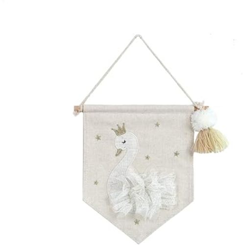 MON AMI Embroidered Swan Hanging Wall Canvas Banner – 10”, Wall Decor For Nursery, Kids, Teen’s Bedroom & Playroom – Ideal Christmas Gift