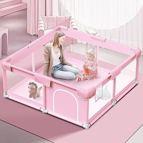 Pink Baby Playpen 50x50 Inches Baby Playpen for Little Princess Play Yards Indoor & Outdoor Sturdy Safety Baby Girls Play Pen with Soft Breathable Mesh Toddlers Activity Center with Anti-Slip Base
