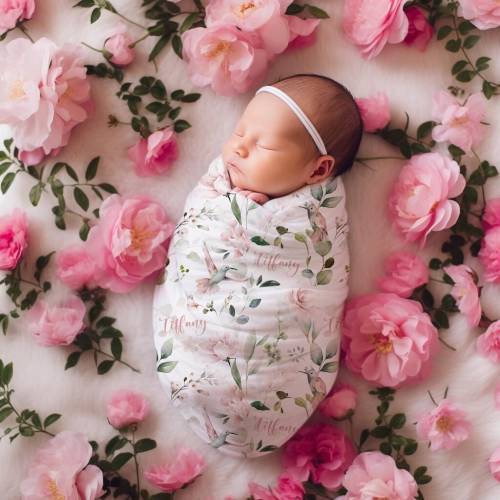 Personalized Baby Girl Hummingbirds Swaddle Set, Pink Floral Custom Name Knot Hat, Flower Headband / Bow, Rose Newborn Outfit, Shower Gift