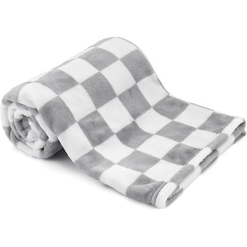 Plush Checkered Baby Blanket for Boys Girls Nursery, 30"*40" Warm Short Fleece Blanket Neutral for Infant Newborn, Small Fuzzy for Sleeping, Chenille or Stroller (Gray&White)