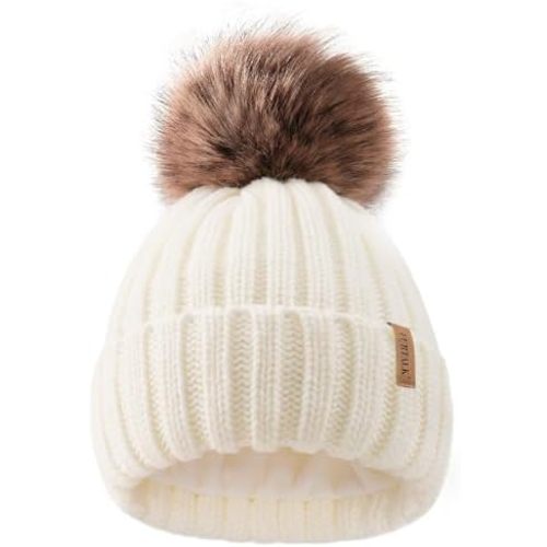 FURTALK Kids Winter Hat Toddler Knitted Beanie with Faux Fur Pom Poms for Baby Girls Boys