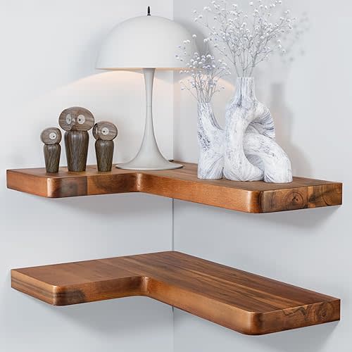 BATODA Acacia Wood Corner Floating Shelves 17" x 12"– Corner Shelf Wall Mounted - Floating Corner Shelves for Wall - Brackets and Shelving Hardware Included for Kitchen, Living Room, Bathroom (Set 2)