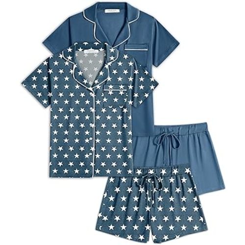 Ekouaer 2 Pack Womens Pajamas Set Button Down Summer Sleepwear Short Sleeve Comfy Pjs Loungewear Set