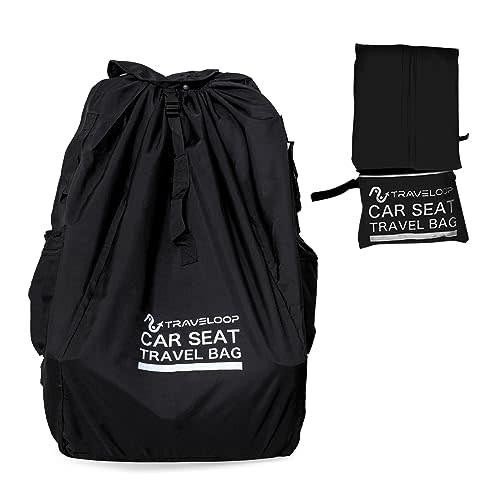 TRAVELOOP Car Seat Travel Bag for Airplane – Double-Closure Gate Check Bag for Car Seats with Padded Shoulder Straps, Rubberized Carrying Handle & Storage Pouch – 18x18x34in (Black)