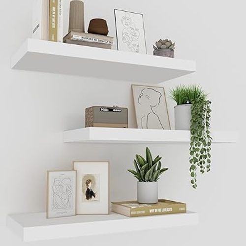 White Floating Shelves - Set of 3, 16" Wall Mounted Shelves for Home Decor, Living Room, Bedroom, Bathroom, Kitchen