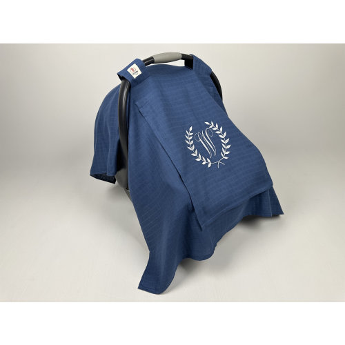 Car Seat Canopy Cover Baby Girl and Boy Denim Blue Muslin Gauze with Peekaboo Mesh Window, Personalized Carseat Cover