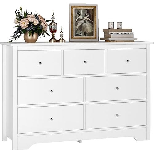 FOTOSOK White Dresser 7 Drawer with 19'' Deeper Depth, 47.2'' White Chest of Drawers Modern Dresser with Metal Handles, White Dresser Chest of Drawers with Large Drawer Storage Space for Home