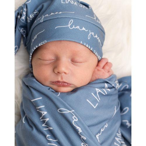 Personalized Blue Swaddle Set - Baby Gift - Soft Knit - Baby Name Set - Baby Boy - Blue monogrammed - CAMDEN SMOKEY BLUE Swaddle