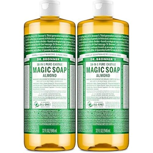 Dr. Bronner's Pure-Castile Magic Liquid Soap (Almond, 32 Ounce, 2-Pack)- Made with Regenerative Organic Certified Oils, 18-in1 Uses: Face, Hair, Hand & Body Soap, Laundry, Pets- Concentrated, Vegan
