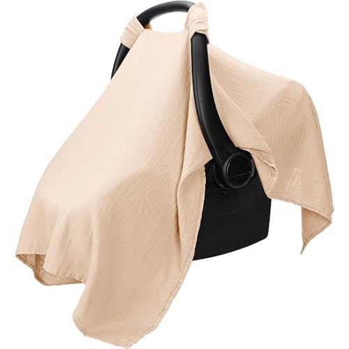 Comfy Cubs Baby Car Seat Cover - Soft, Breathable Bamboo Rayon and Muslin Cotton Blend - Lightweight Canopy for Sun, Bug, and Comfort Protection - Large Size Infant Seat Cover in Cream Design