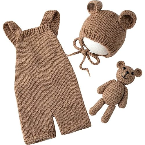 Vemonllas Newborn Photography Props Boys Girls Outfits Baby Photo Props Knit Bear Hat Romper Photoshoot Costume Set - Camel