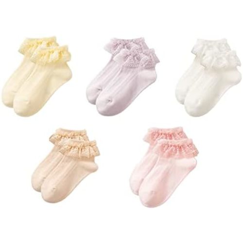 Gwenveni Toddler Girls Ruffle Lace Trim Cotton Socks Eyelet Frilly Dress Socks 5 -Pack