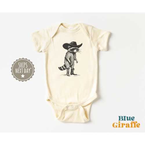 Raccoon Cowboy Baby Onesie® - Funny Meme Baby Bodysuit - Cute Natural Baby Onesie® - Funny Raccoon Western Baby Onesie