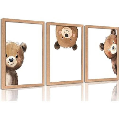 Framed Baby Bear Nursery Wall Art Peeking Bear Pictures Wall Decor Peekaboo Kids Room Decor Woodland Animal Posters Neutral Nursery Painting Canvas Print Artwork for Children's Baby Room Bedroom
