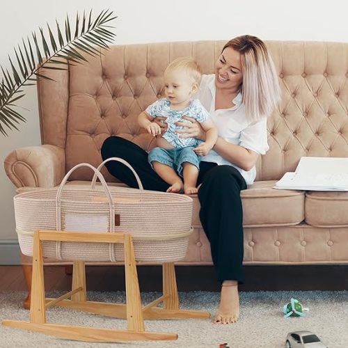 Moses Basket Stand - Wooden Rocking Moses Basket Stand for Baby Bassinets - Adjustable Bassinet Rocker Crafted From Natural Wood - Perfect For Newborns - Includes Bonus Change Mat -Basket Not Included