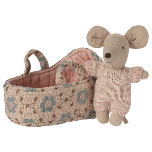 Maileg Baby Mouse in Carry Cot - Rose