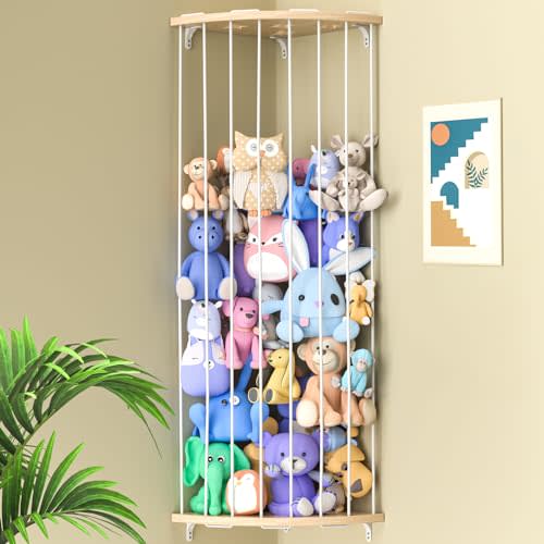 Jtksfcl Stuffed Animal Storage Wood Corner Plush Toys Holder with Star Pattern, Length Adjustable Hanging Stuffed Animal Toy Organizer Shelf for Nursery Play Room Bedroom Kid Room
