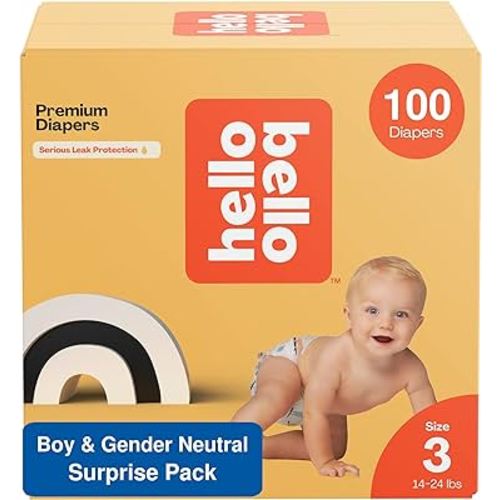 Hello Bello Premium Baby Diapers Size 3 I 100 Count of Disposable, Extra-Absorbent, Hypoallergenic, and Eco-Friendly Baby Diapers with Snug and Comfort Fit I Surprise Boy & Gender Neutral Patterns