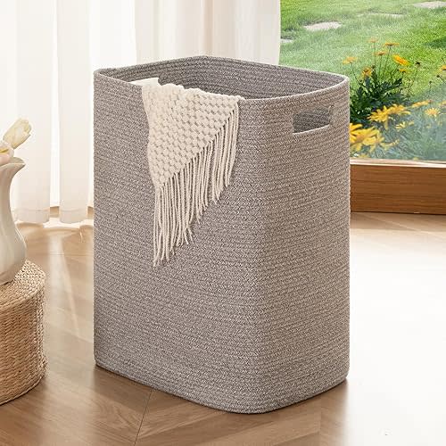 OIAHOMY Laundry Hamper, Laundry Basket,Rectangle Cotton Storage Basket with Handles, Large Blanket Basket for Living room, Woven Decorative Storage for Toys,Clothes,Pillows-16x13x22in-Grey variegated