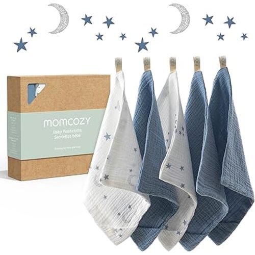 Momcozy Soft & Absorbent Baby Washcloths - 4 Layer Design| Medium Thickness| Premium Cotton for Newborns' Skin-Great for Bathing, Wiping & on-The-go Use, Shower Gift and Essential(5 Pack, 10x10 inch)