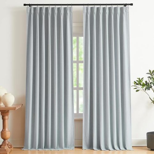 Vision Home Blue Fog Pinch Pleated Full Blackout Curtains Linen Blended Room Darkening Window Curtains 95 inch for Living Room Bedroom Thermal Insulated Pinch Pleat Drapes with Hooks 2 Panel 40"Wx95"L